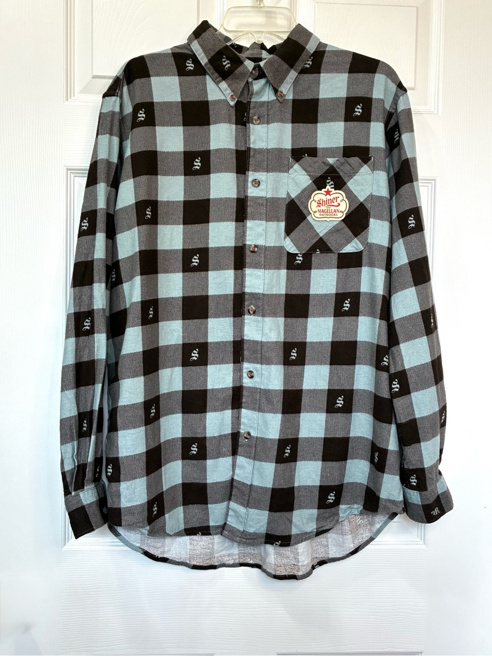 Magellan Shiner Beer Flannel Shirt Mens Large Blue Black Buffalo Logo Pocket